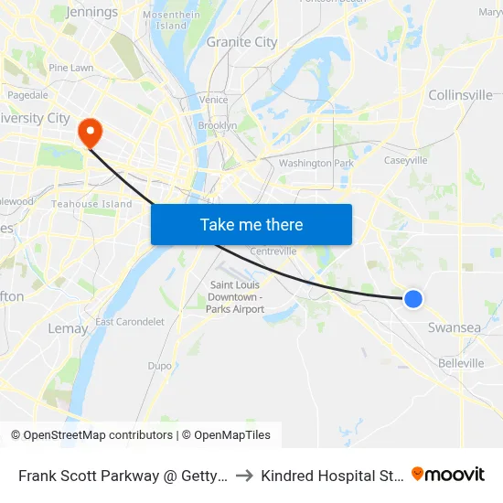 Frank Scott Parkway @ Gettysburg Nb to Kindred Hospital St. Louis map