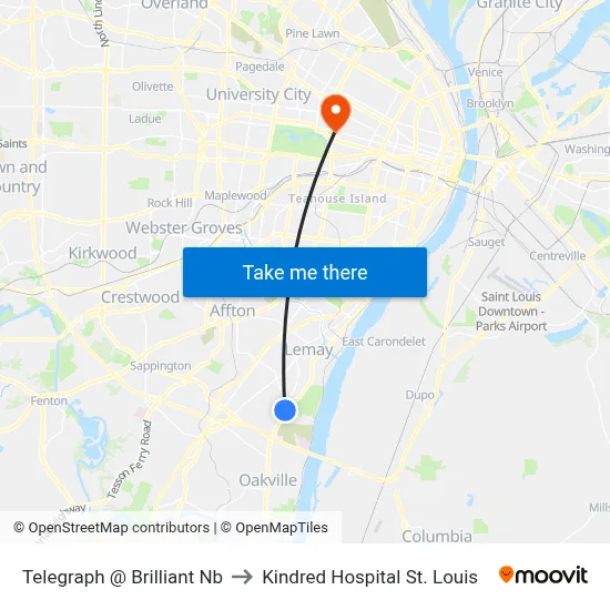 Telegraph @ Brilliant Nb to Kindred Hospital St. Louis map