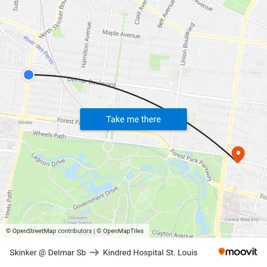 Skinker @ Delmar Sb to Kindred Hospital St. Louis map