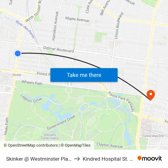 Skinker @ Westminster Place Sb to Kindred Hospital St. Louis map