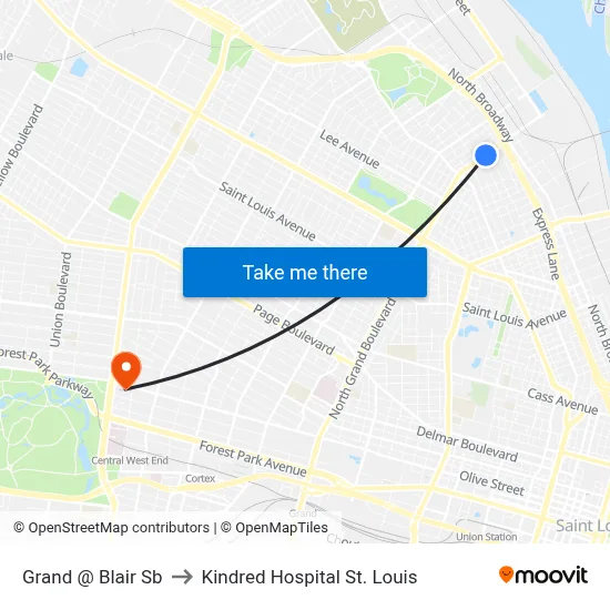 Grand @ Blair Sb to Kindred Hospital St. Louis map