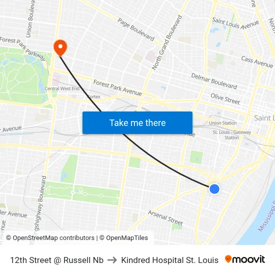 12th Street @ Russell Nb to Kindred Hospital St. Louis map