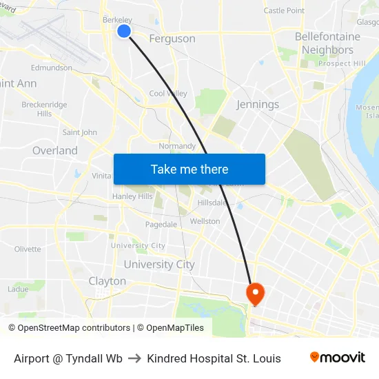 Airport @ Tyndall Wb to Kindred Hospital St. Louis map