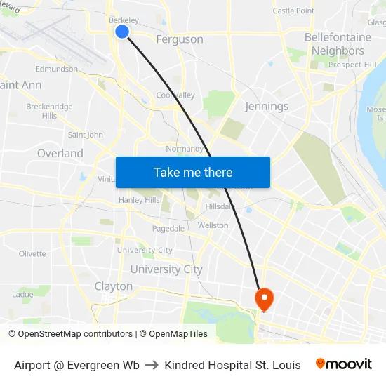 Airport @ Evergreen Wb to Kindred Hospital St. Louis map