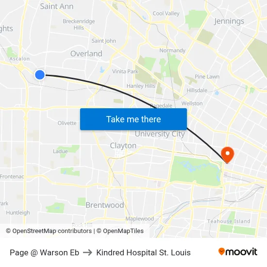 Page @ Warson Eb to Kindred Hospital St. Louis map