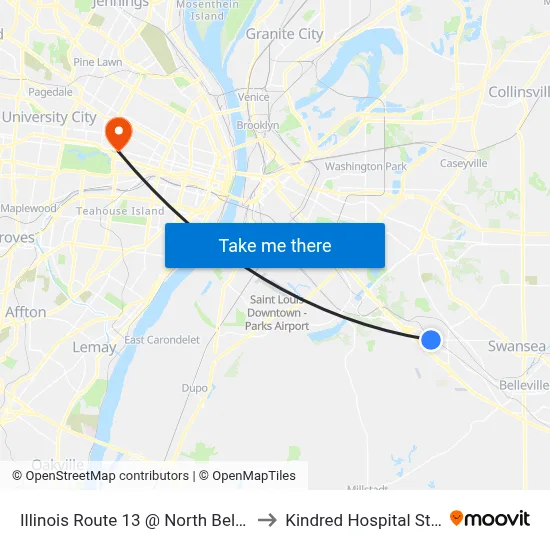 Illinois Route 13 @ North Belt West Eb to Kindred Hospital St. Louis map