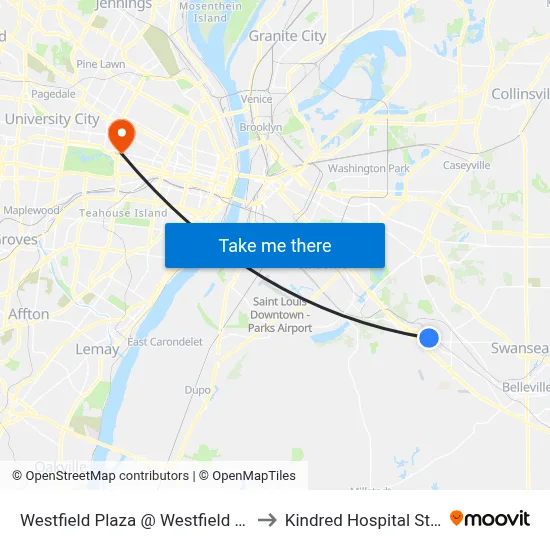 Westfield Plaza @ Westfield Plaza Wb to Kindred Hospital St. Louis map