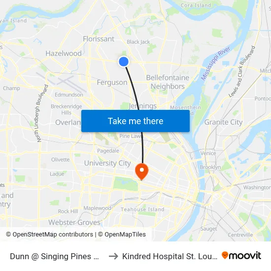 Dunn @ Singing Pines Wb to Kindred Hospital St. Louis map