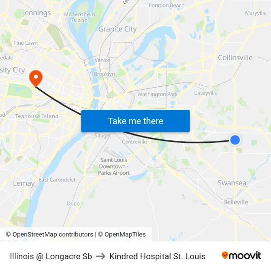 Illinois @ Longacre Sb to Kindred Hospital St. Louis map