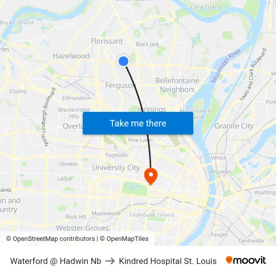 Waterford @ Hadwin Nb to Kindred Hospital St. Louis map