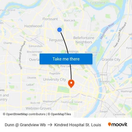 Dunn @ Grandview Wb to Kindred Hospital St. Louis map