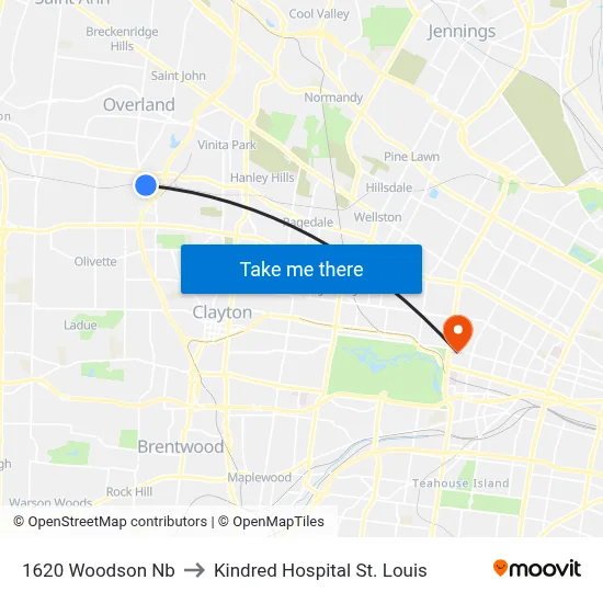 1620 Woodson Nb to Kindred Hospital St. Louis map