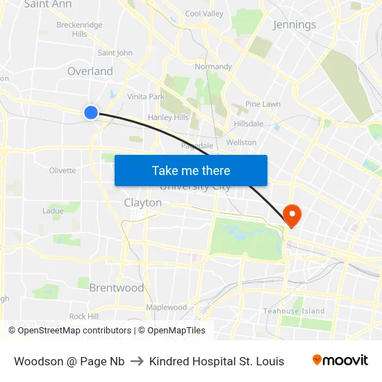 Woodson @ Page Nb to Kindred Hospital St. Louis map