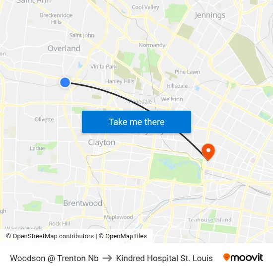 Woodson @ Trenton Nb to Kindred Hospital St. Louis map
