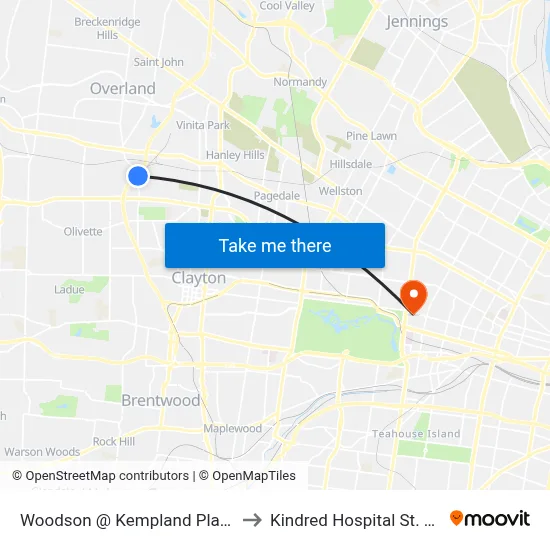 Woodson @ Kempland Place Nb to Kindred Hospital St. Louis map