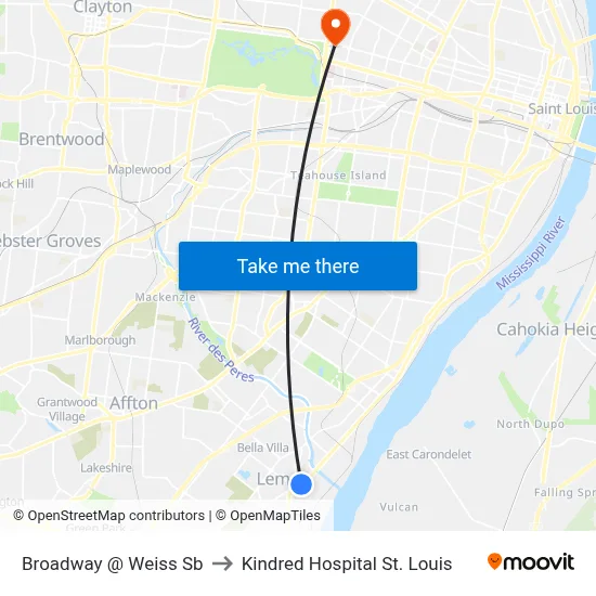 Broadway @ Weiss Sb to Kindred Hospital St. Louis map