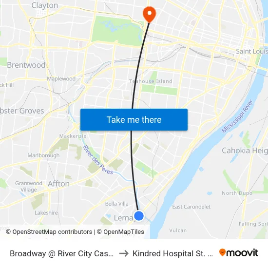 Broadway @ River City Casino Sb to Kindred Hospital St. Louis map
