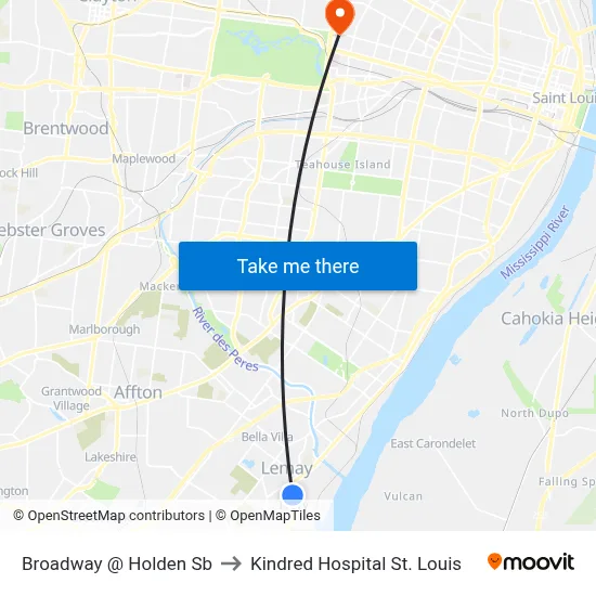 Broadway @ Holden Sb to Kindred Hospital St. Louis map