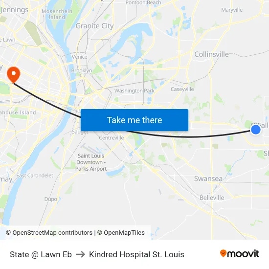 State @ Lawn Eb to Kindred Hospital St. Louis map