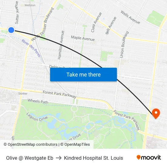 Olive @ Westgate Eb to Kindred Hospital St. Louis map