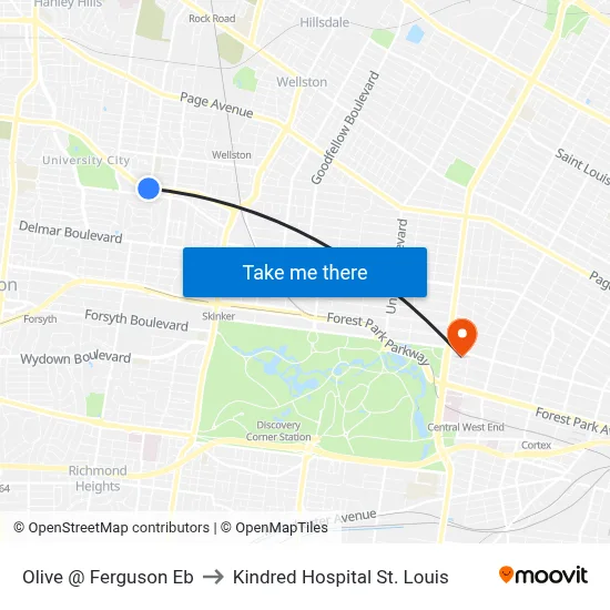 Olive @ Ferguson Eb to Kindred Hospital St. Louis map