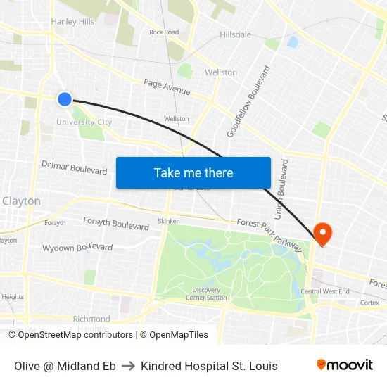 Olive @ Midland Eb to Kindred Hospital St. Louis map