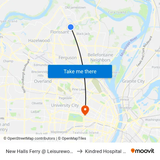 New Halls Ferry @ Leisurewood Court Sb to Kindred Hospital St. Louis map