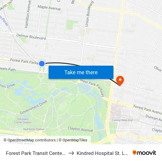 Forest Park Transit Center Sb to Kindred Hospital St. Louis map