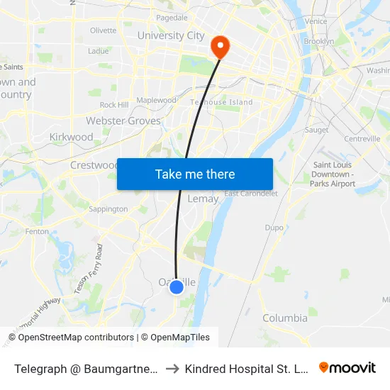 Telegraph @ Baumgartner Sb to Kindred Hospital St. Louis map