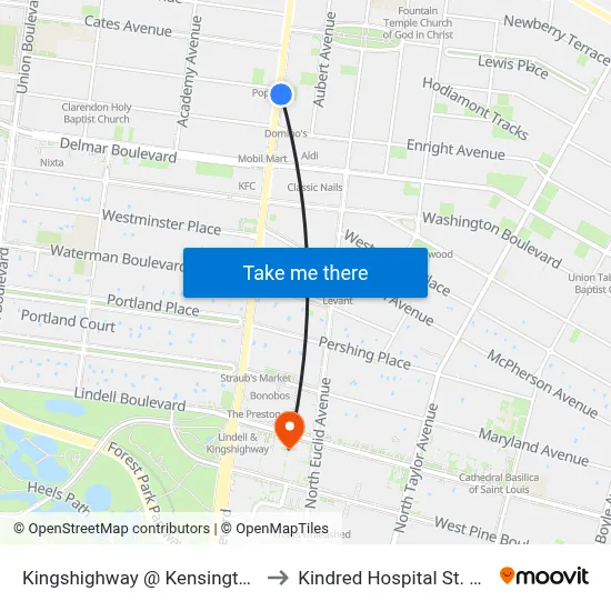 Kingshighway @ Kensington Nb to Kindred Hospital St. Louis map