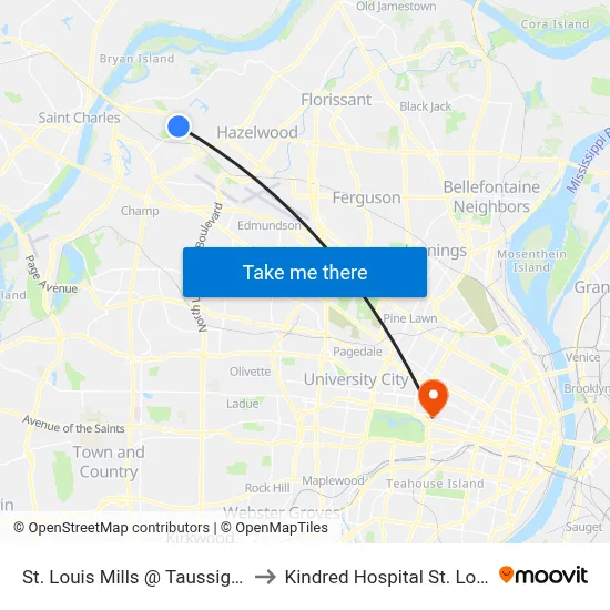 St. Louis Mills @ Taussig Sb to Kindred Hospital St. Louis map