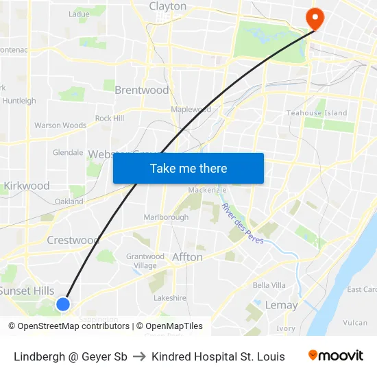 Lindbergh @ Geyer Sb to Kindred Hospital St. Louis map