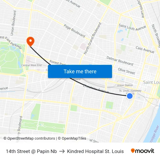 14th Street @ Papin Nb to Kindred Hospital St. Louis map
