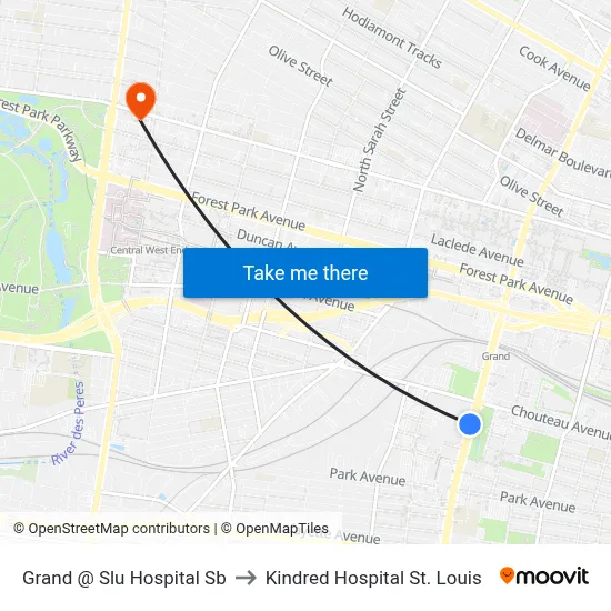 Grand @ Slu Hospital Sb to Kindred Hospital St. Louis map