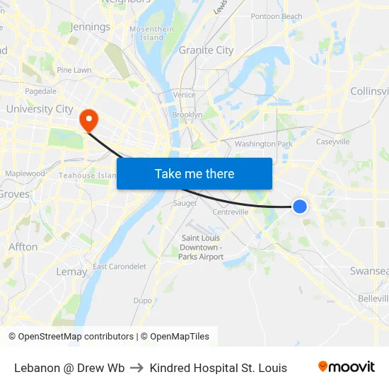 Lebanon @ Drew Wb to Kindred Hospital St. Louis map
