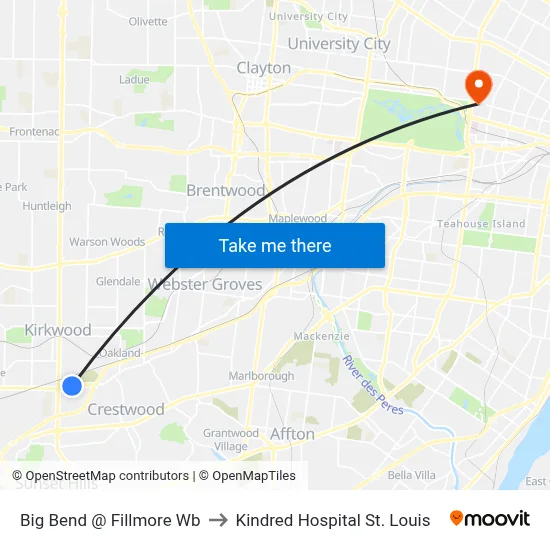 Big Bend @ Fillmore Wb to Kindred Hospital St. Louis map