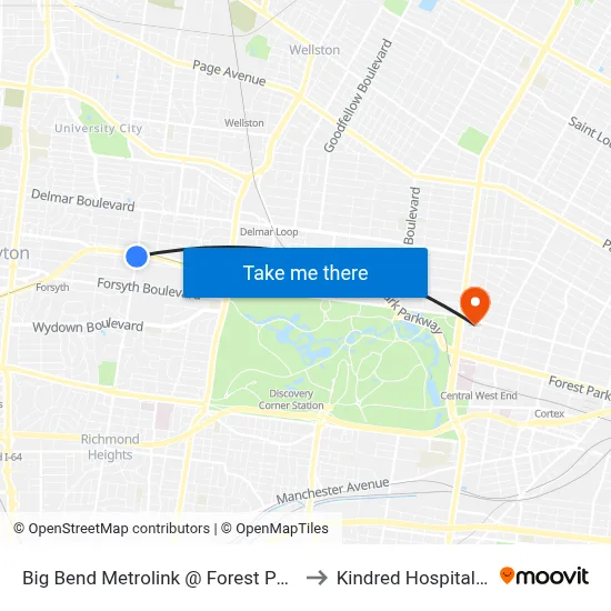 Big Bend Metrolink @ Forest Park Parkway Nb to Kindred Hospital St. Louis map