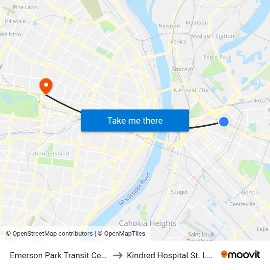 Emerson Park Transit Center to Kindred Hospital St. Louis map