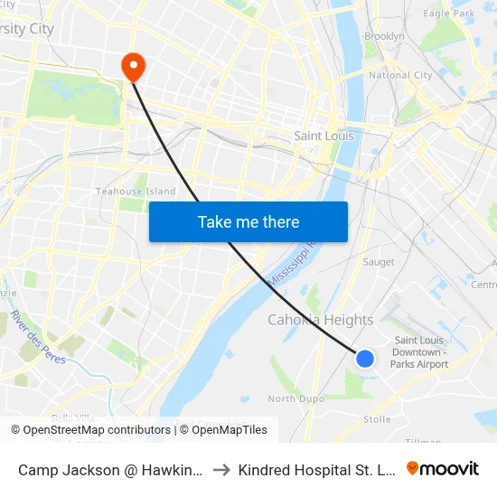 Camp Jackson @ Hawkins Nb to Kindred Hospital St. Louis map