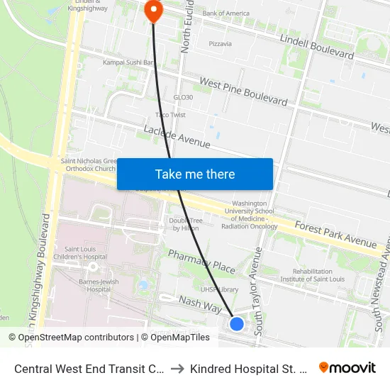 Central West End Transit Center to Kindred Hospital St. Louis map