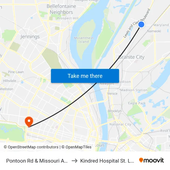 Pontoon Rd & Missouri Ave 2 to Kindred Hospital St. Louis map