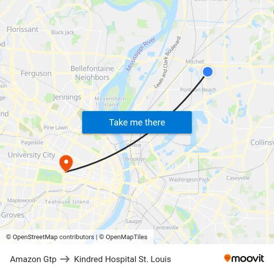 Amazon Gtp to Kindred Hospital St. Louis map