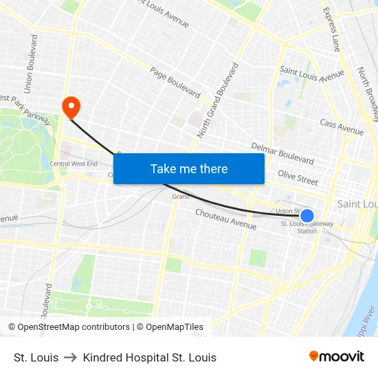 St. Louis to Kindred Hospital St. Louis map