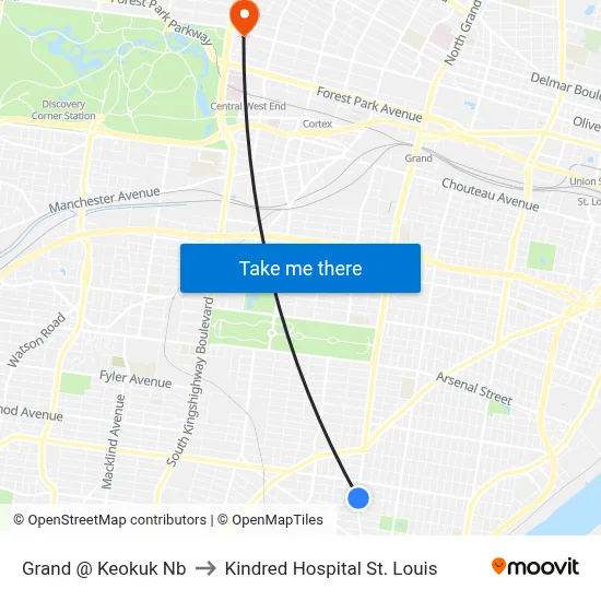 Grand @ Keokuk Nb to Kindred Hospital St. Louis map