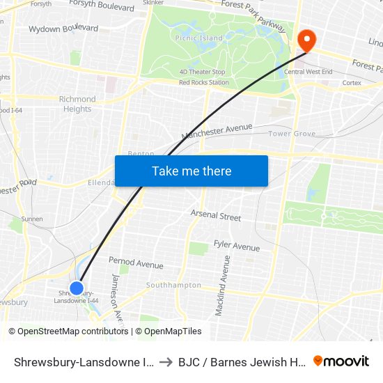 Shrewsbury-Lansdowne I-44 Transit Center to BJC / Barnes Jewish Hospital Receiving map