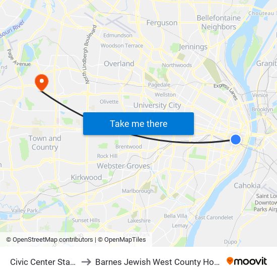 Civic Center Station to Barnes Jewish West County Hospital map