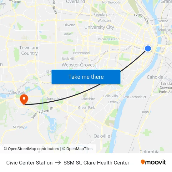 Civic Center Station to SSM St. Clare Health Center map
