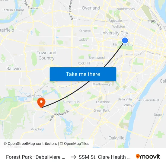 Forest Park–Debaliviere Station to SSM St. Clare Health Center map