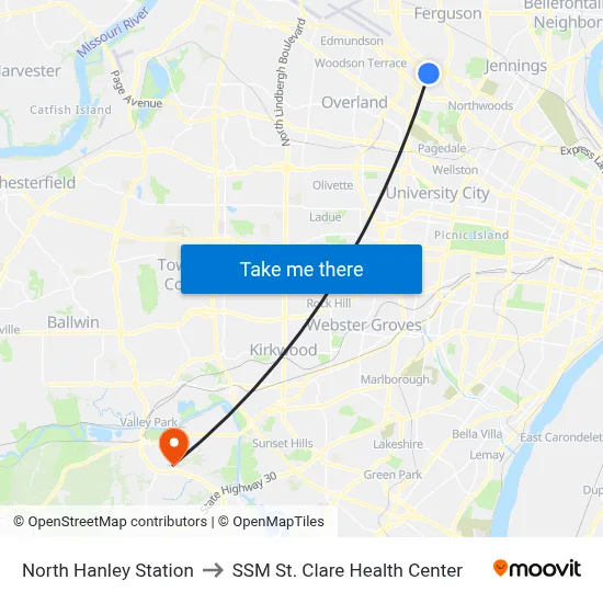 North Hanley Station to SSM St. Clare Health Center map