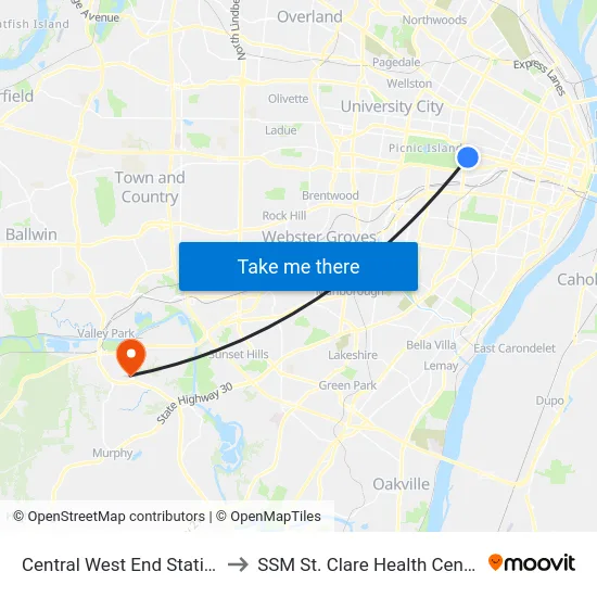 Central West End Station to SSM St. Clare Health Center map